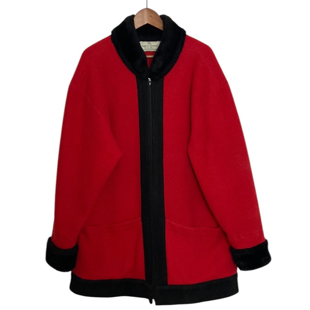 Fleece Jacket Womens Medium Large Red Black Maple Leaf Faux Fur Made in Canada
